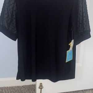 Cece Women's Short Puff-Sleeve Mixed Media Knit Top Black Size M